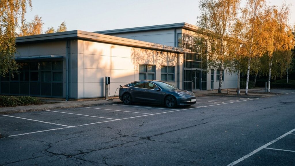 An electric saloon plugged into a wall-mounted charge point in a business park car park at sunrise