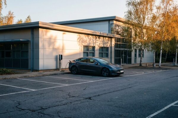 An electric saloon plugged into a wall-mounted charge point in a business park car park at sunrise