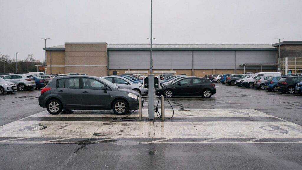 Two marked charging bays in a supermarket car park on a grey afternoon, one occupied and one empty with its cable hooked and idle