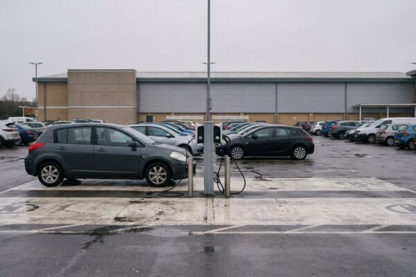 Two marked charging bays in a supermarket car park on a grey afternoon, one occupied and one empty with its cable hooked and idle