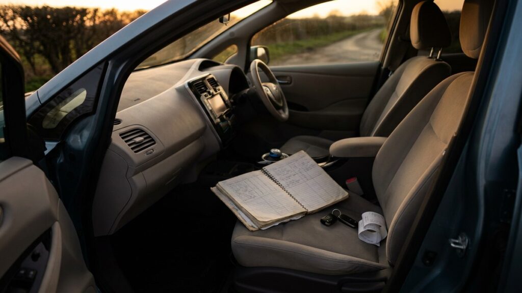 A ruled paper mileage log lies open on the passenger seat of a parked electric car at dusk, beside car keys and a folded receipt