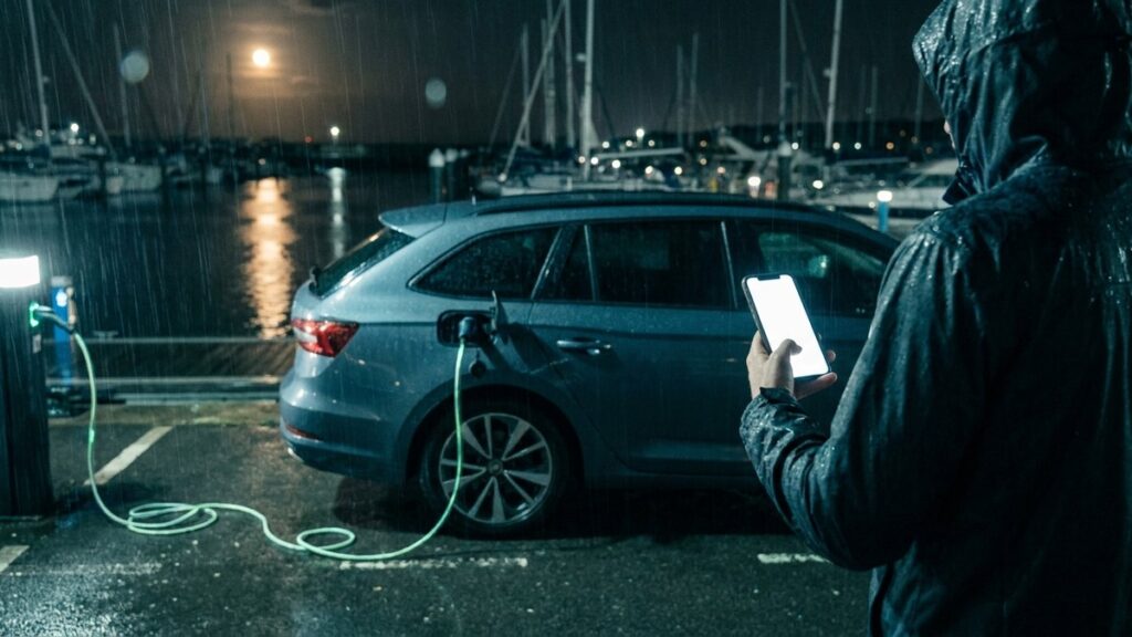 A person in a wet waterproof jacket logs a charge on their phone, one-handed, beside a charging EV estate car on a rainswept marina quayside at night