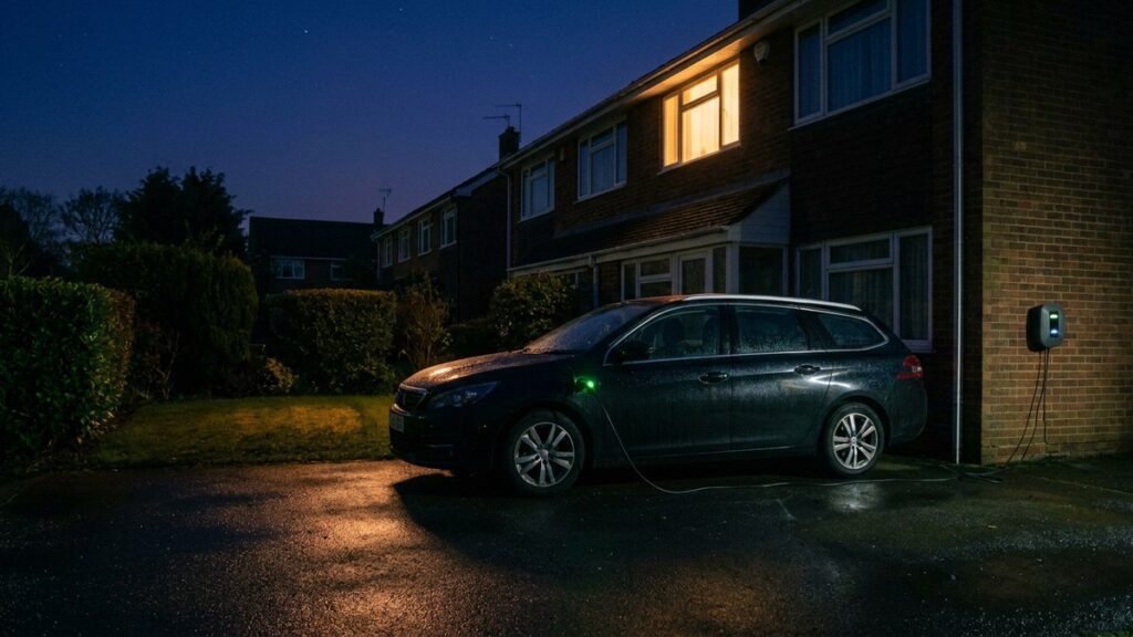 An electric estate car charges on a suburban driveway in the small hours, one upstairs window lit against a deep indigo pre-dawn sky