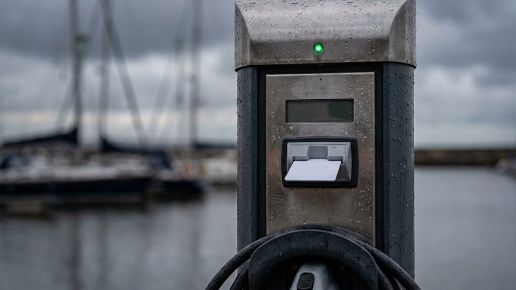 Rain beads on a quayside EV charge post, a prepay card seated in its reader and a green indicator lit, moored yachts blurred behind
