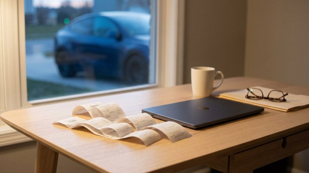 A fan of curled charging receipts spread on a home-office desk beside a closed laptop, an electric car visible on the driveway through the window