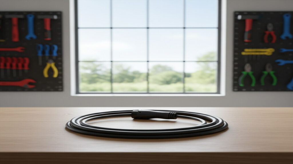 A single coiled black EV charging cable on a clean workbench in a tidy workshop